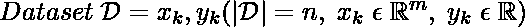 Dataset\; \mathcal{D} = {x_k, y_k} ( |\mathcal{D}|=n,\; x_k\;\epsilon\;\mathbb{R}^m,\; y_k\; \epsilon\; \mathbb{R})  