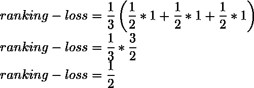  ranking-loss  = \dfrac{1}{3}\left ( \dfrac{1}{2}*1 +\dfrac{1}{2}*1+\dfrac{1}{2}*1 \right ) \ ranking-loss = \dfrac{1}{3} * \dfrac{3}{2} \ ranking-loss = \dfrac{1}{2} 