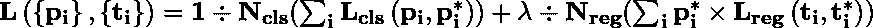 \kern 6pc \mathbf{L\left ( \left {  p_{i}\right }, \left {  t_{i}\right } \right ) = 1\div N_{cls}(\sum_{i} L_{cls}\left (  p_{i}, p_{i}^{*}\right )) + \lambda \div N_{reg}(\sum_{i} p_{i}^{*} \times  L_{reg}\left (t_{i}, t_{i}^{*}\right ))}